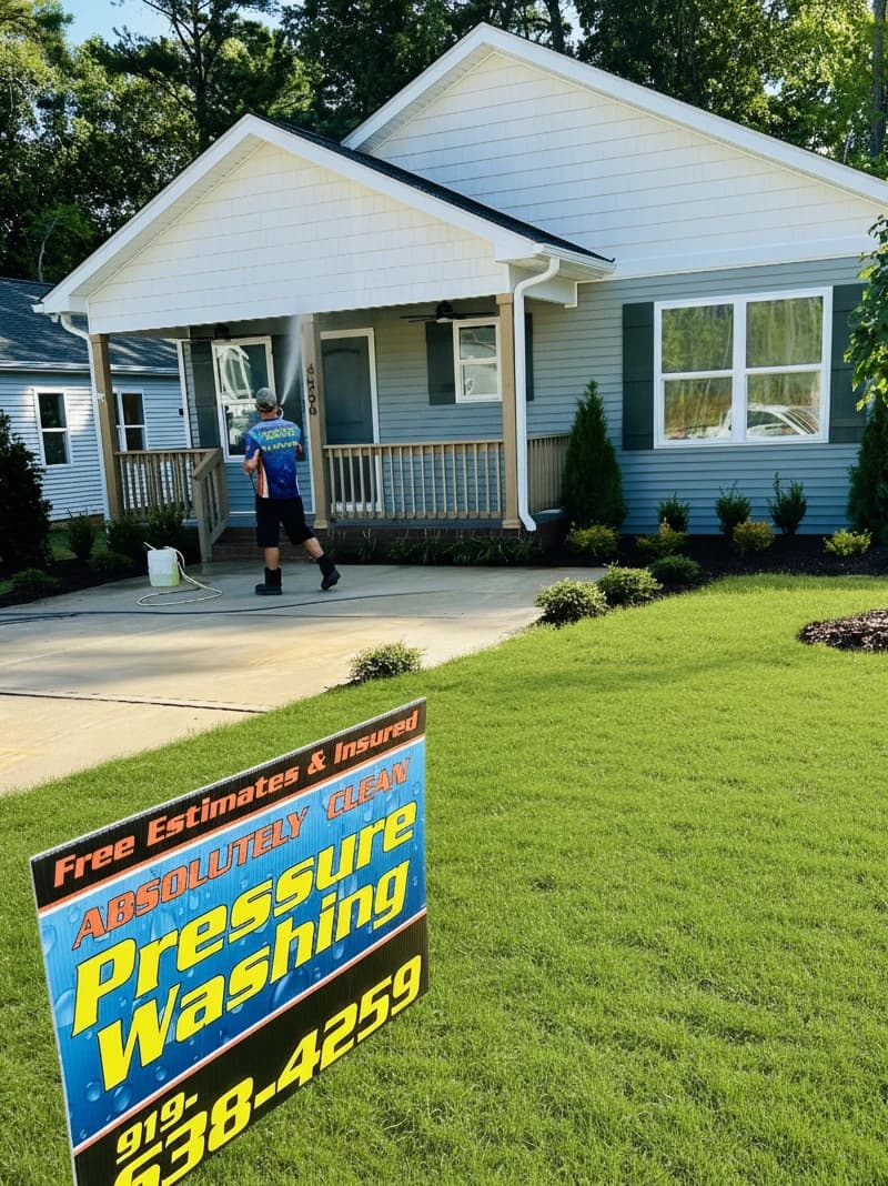 Absolutely Clean Power Washing soft washing a blue house exterior in Raleigh NC